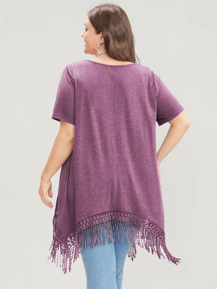 Solid Round Neck Lace Fringe Hem T-shirt