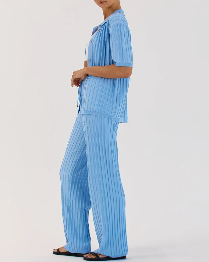 Blue Lapel Button Knit Two-Piece Set