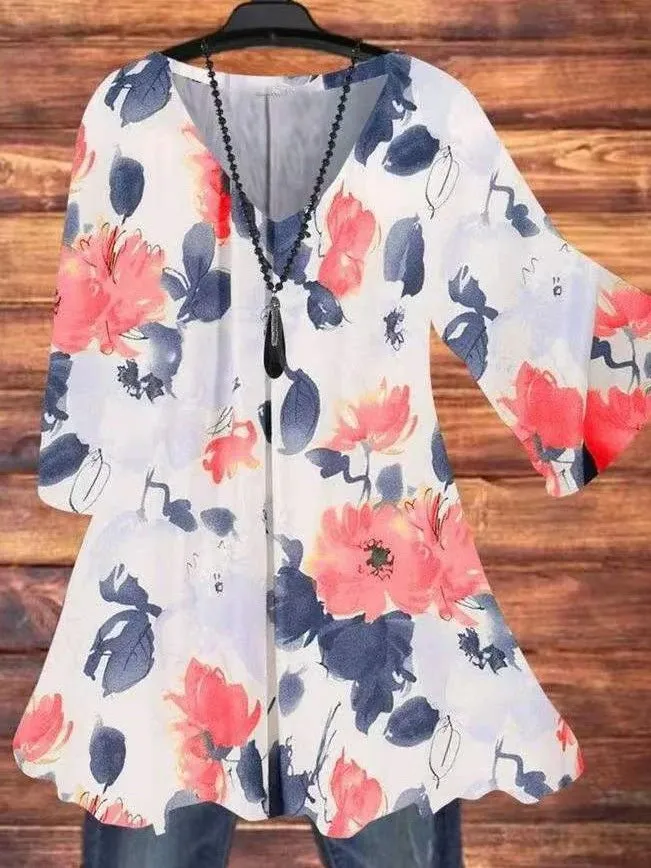 Women's T-Shirts Floral Print V-Neck Flared Sleeve T-Shirt（⚡Clearance Sale）