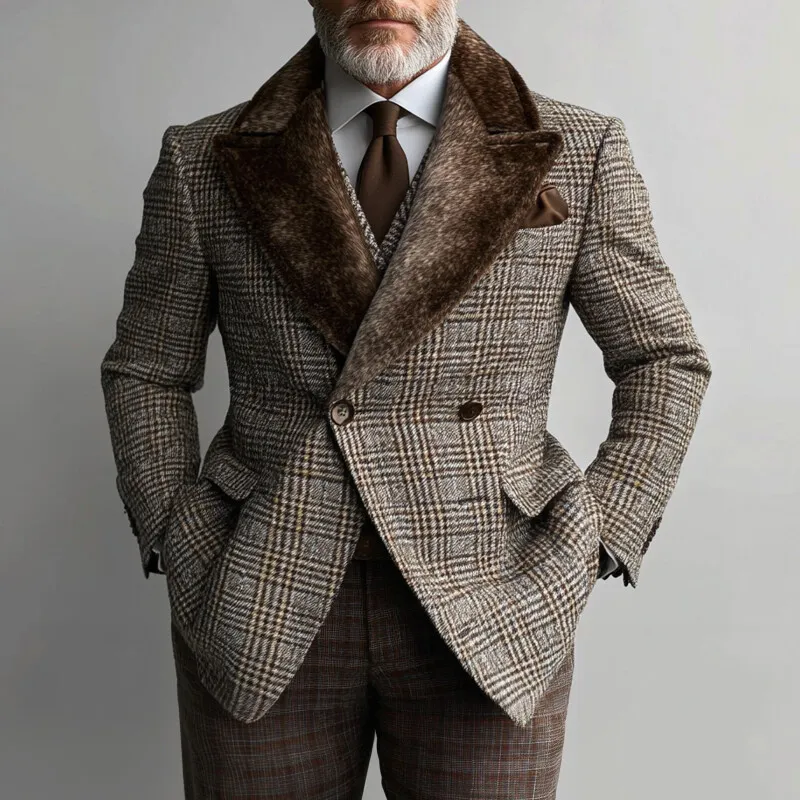 Men's Business Plush Peak Lapel Double Breasted Plaid Print Blazer