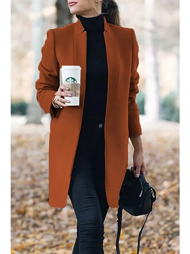 Women's Pea Coat Winter Coat Open Front Stand Collar Trench Coat Fall Warm Windproof Overcoat Christmas Jacket caramel colour