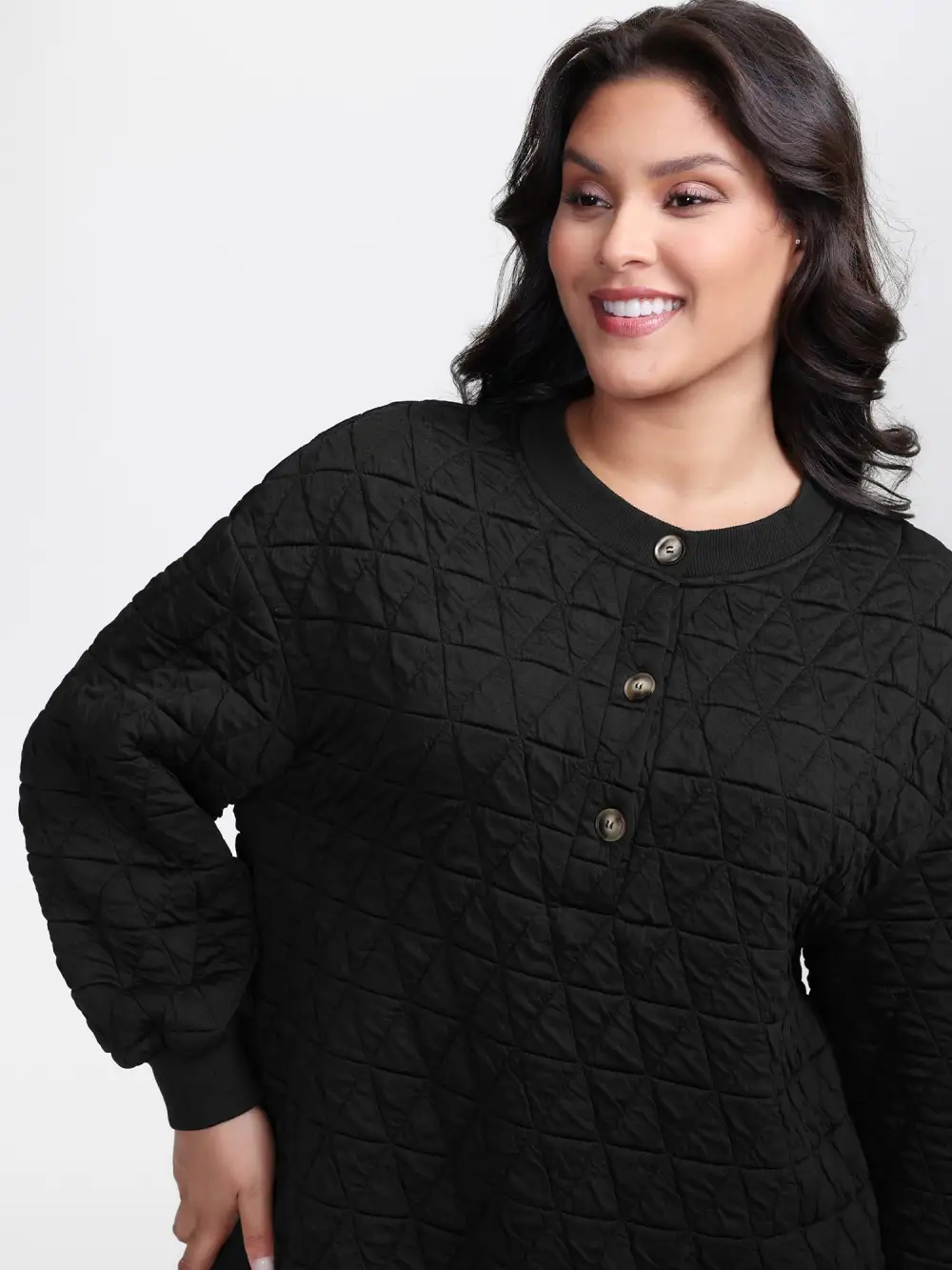 Quilted Cotton Placket Button Sweatshirt