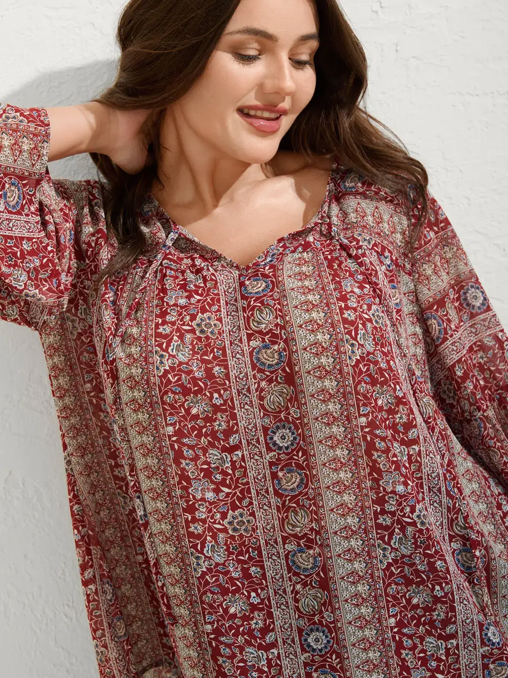 Chiffon Floral Sheer Print Neck-Tie Blouse