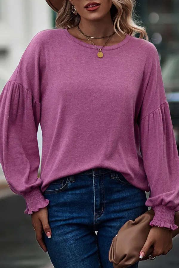 Smocked Bell Cuffs Long Balloon Sleeve Pullover