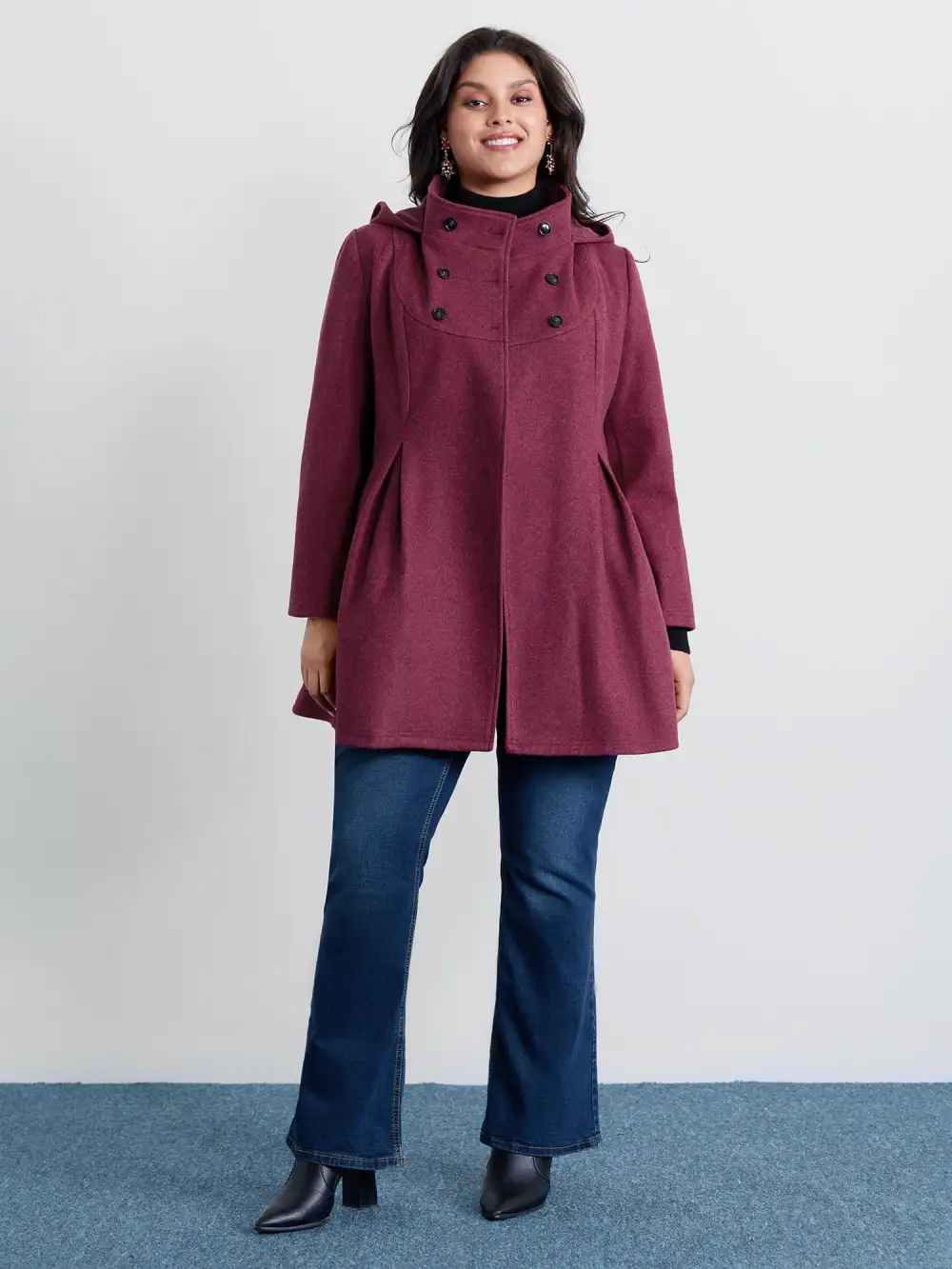 Hooded Pleated Pockets Waist-Defining Coat