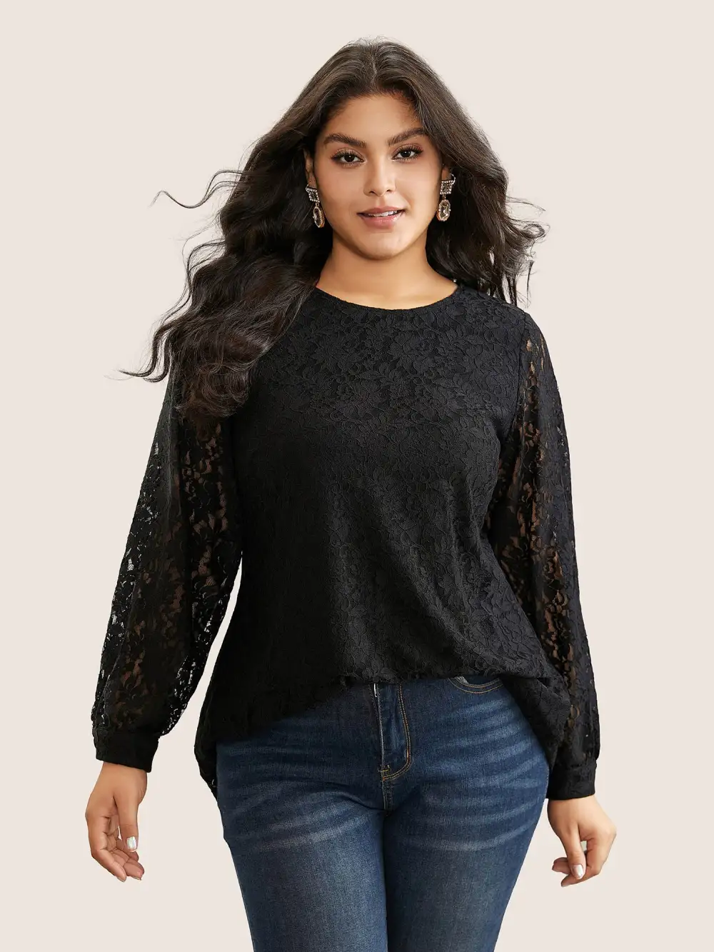 Solid Crochet Lace Mesh Crew Neck Blouse