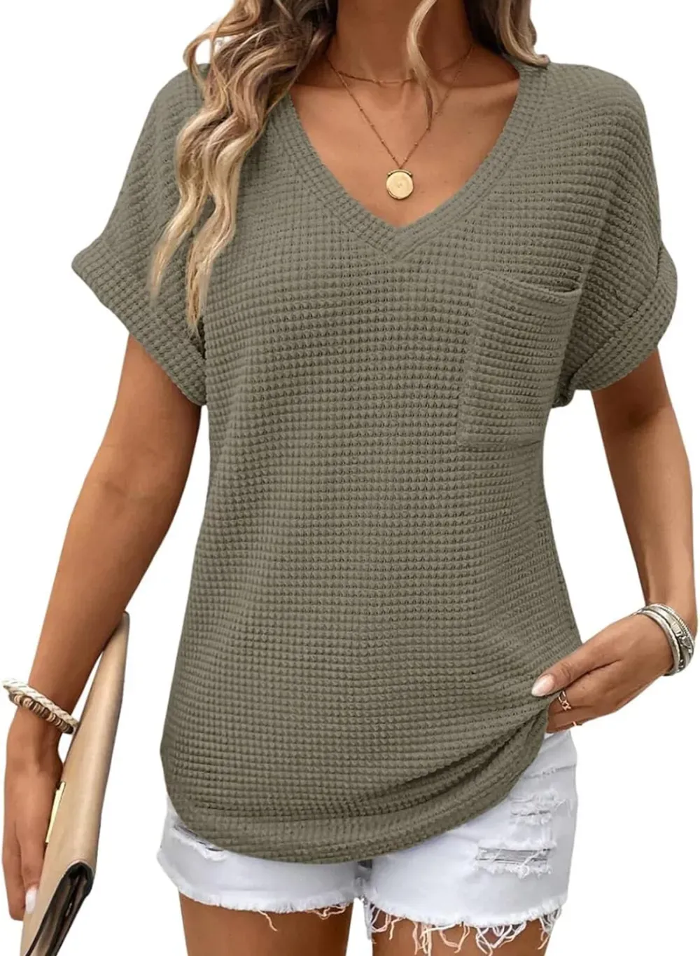 ✨Women's Oversized Waffle V Neck Short Sleeve Casual Top