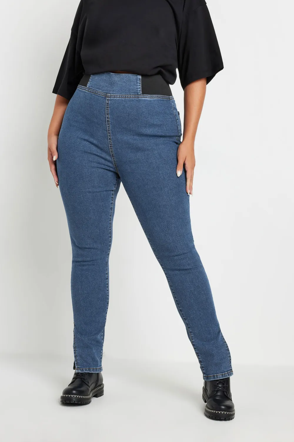 YOURS Curve Blue Elasticated Insert Split Hem Stretch Jeggings