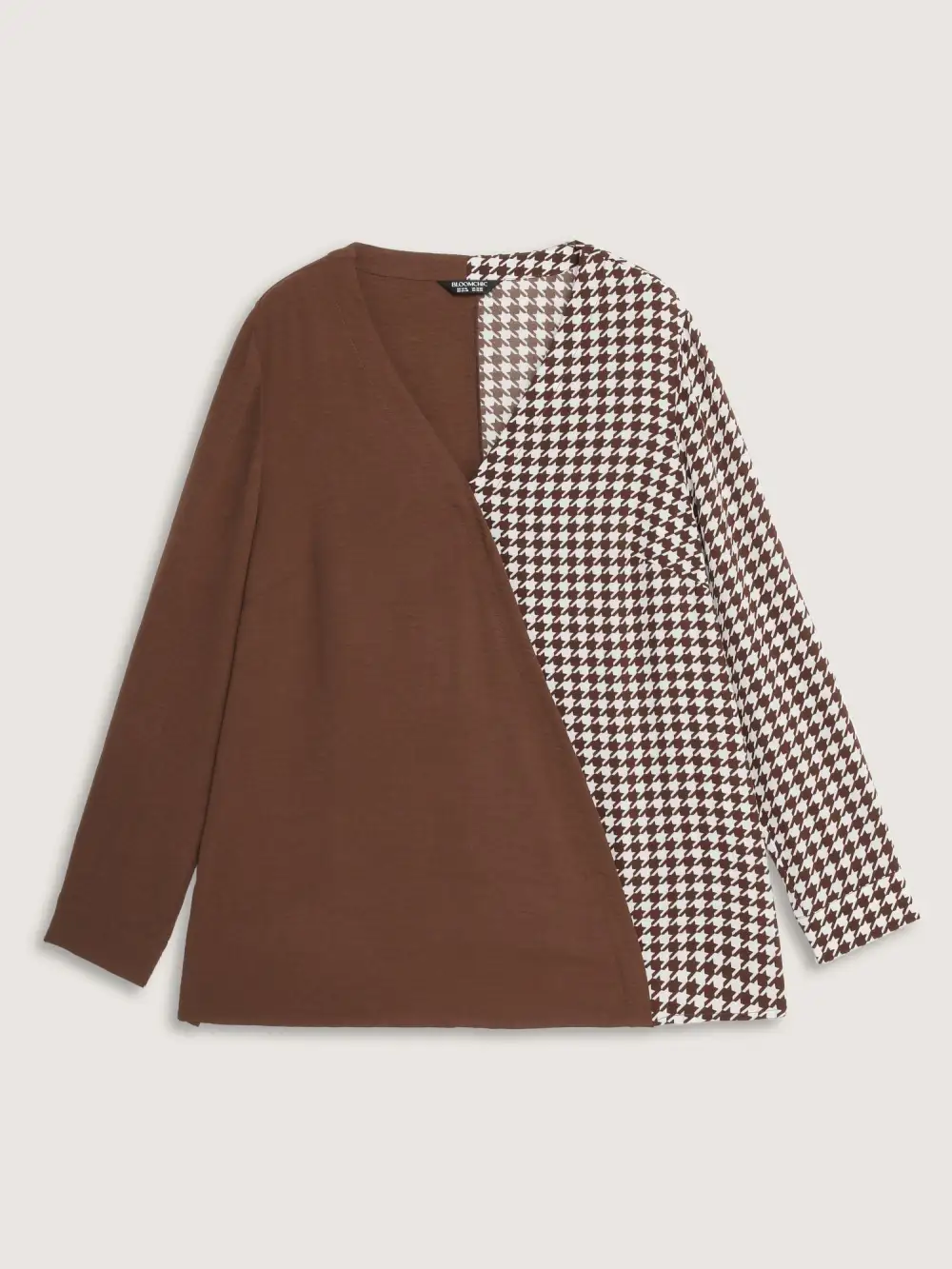 Checkered Contrast Button V-Neck Blouse