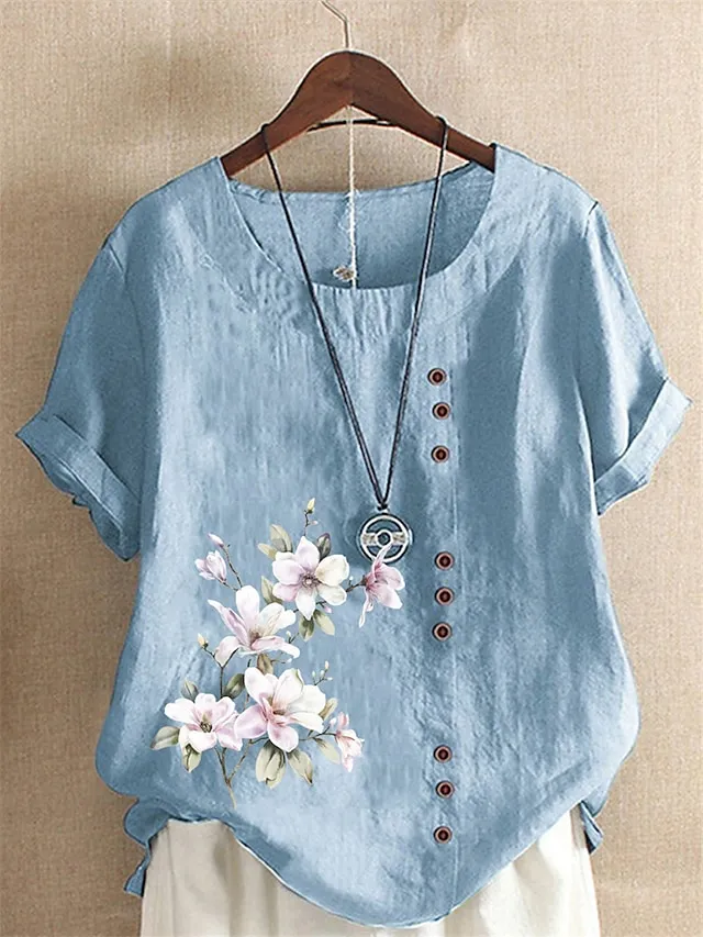Women's Linen Shirt T shirt Tee Cotton Linen Navy Blue Blue Army Green Floral Button Print Short Sleeve Daily Vacation Going out Streetwear Crewneck Regular Fit Summer Spring