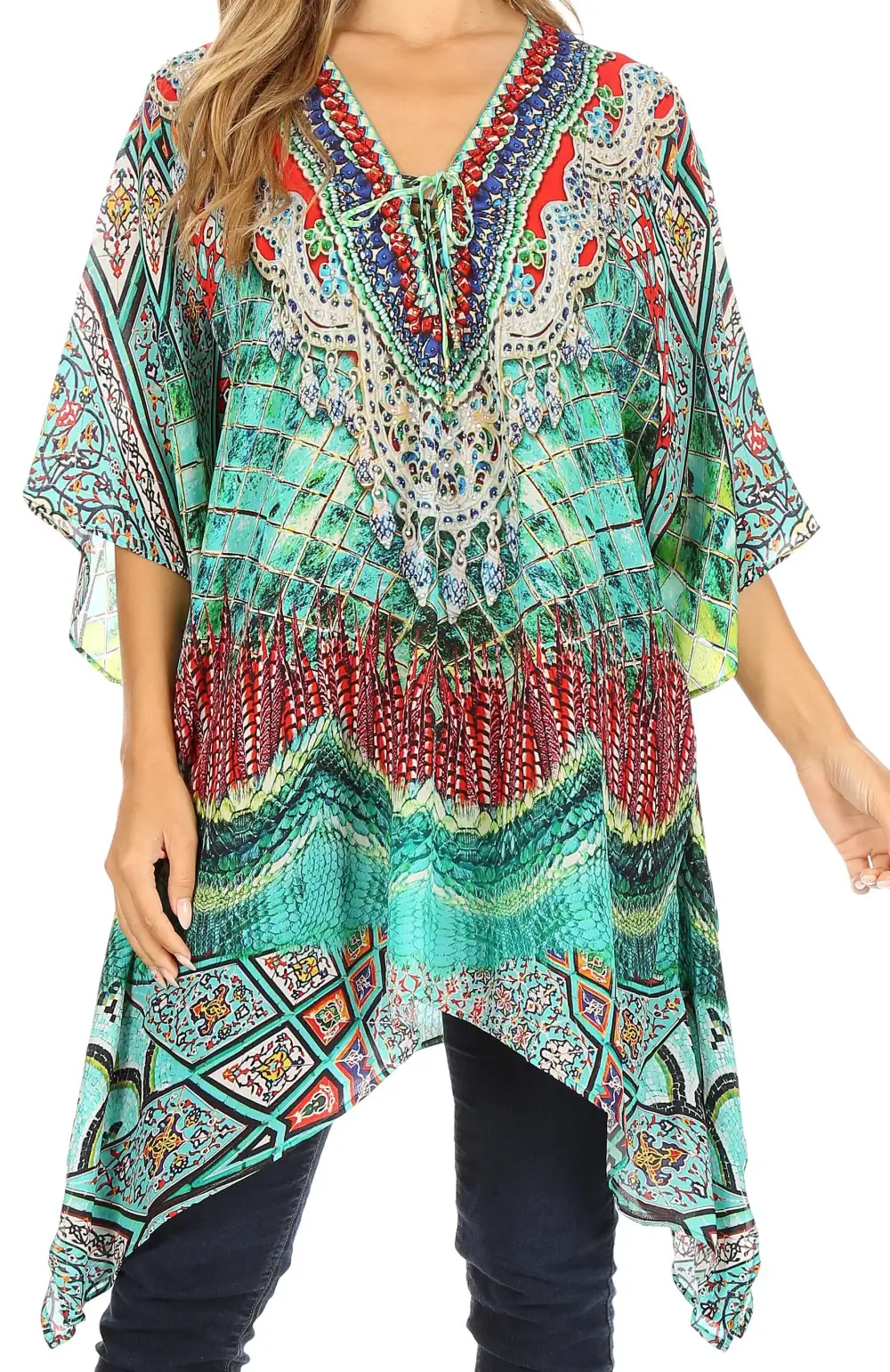 Women's Caftan Poncho Cover up V neck Top Lace up With Rhinestone
