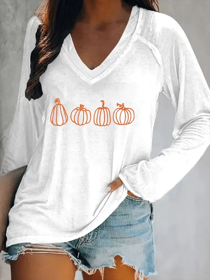 Women's Autumn Line Pumpkin Print V-Neck T-Shirt