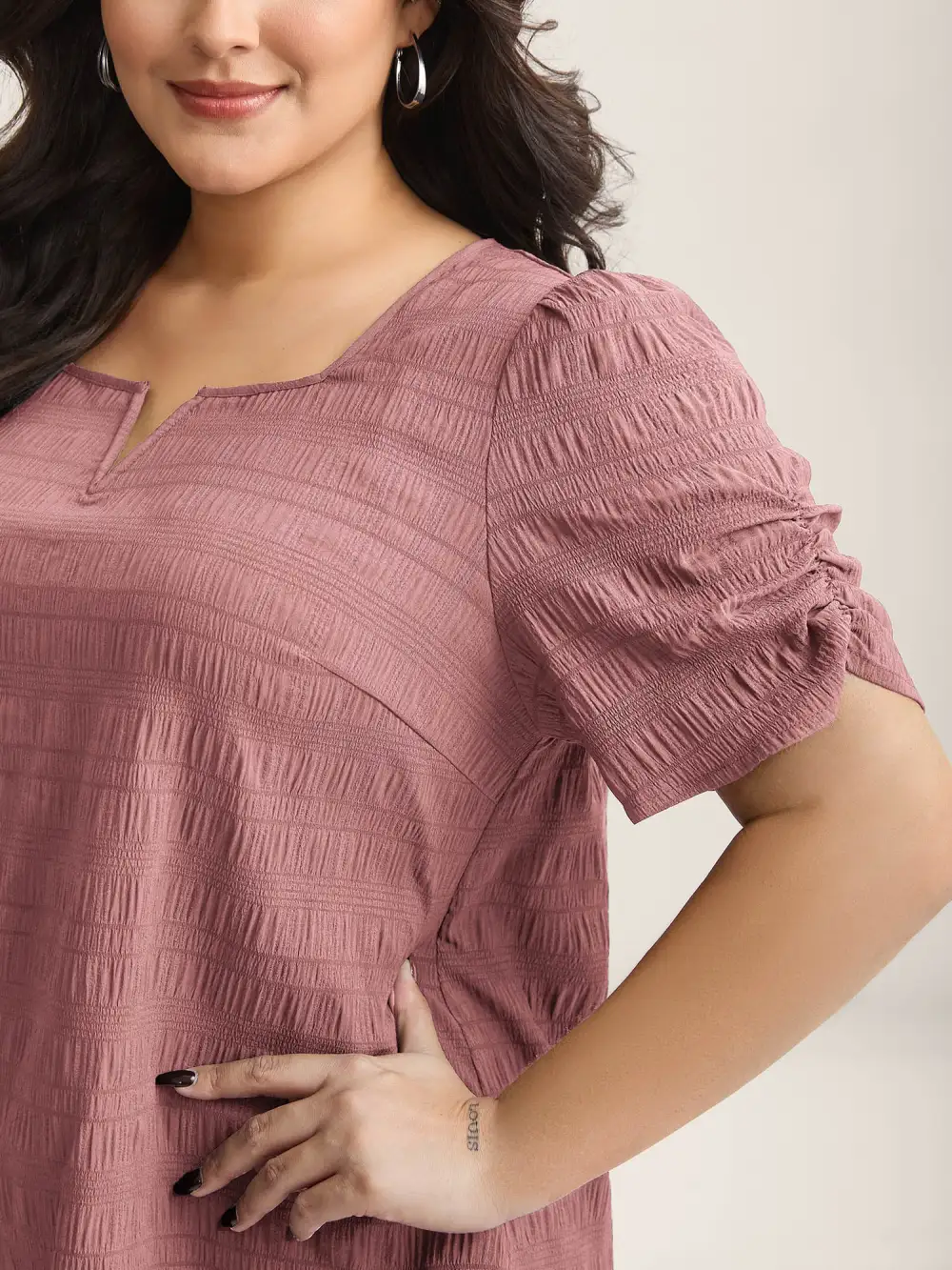 Textured Gathered Sleeve Split Neck Blouse