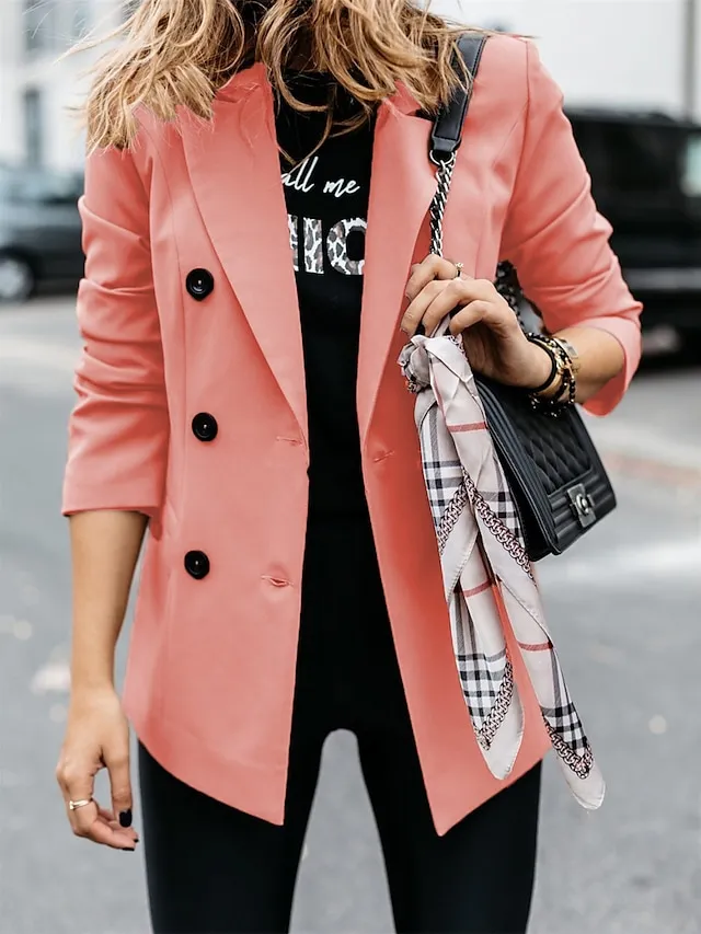 Women's Blazer Outdoor Button Solid Color Warm Fashion Regular Fit Outerwear Long Sleeve Fall Light Blue S