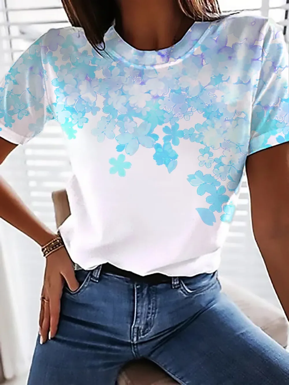 Crew Neck Floral Casual T-Shirt/Tee