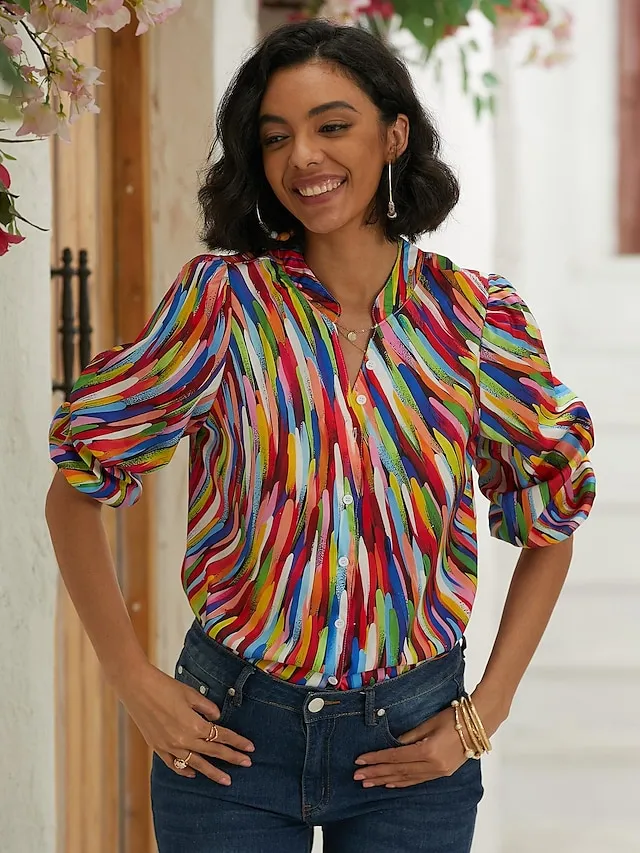 Women's Shirt Blouse Graphic Button Print Casual Basic Long Sleeve Standing Collar Blue Spring Fall