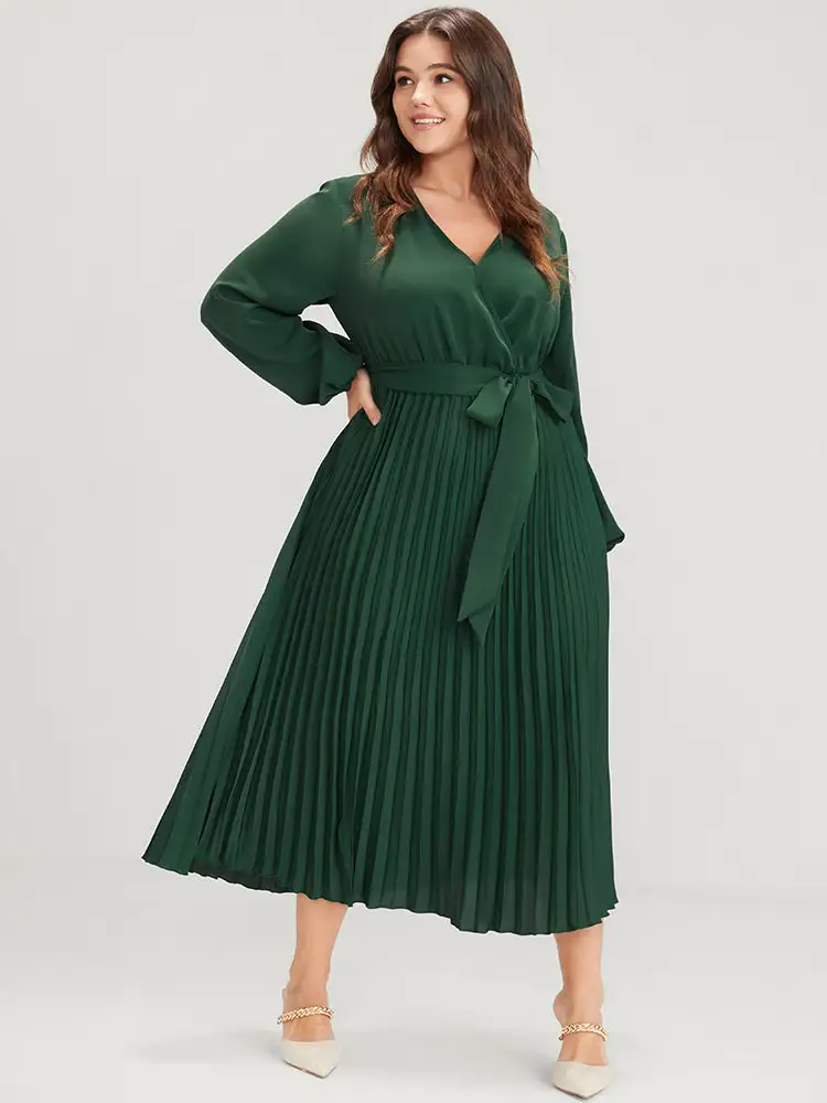 Solid Lantern Sleeve Belted Pleated Wrap Dress