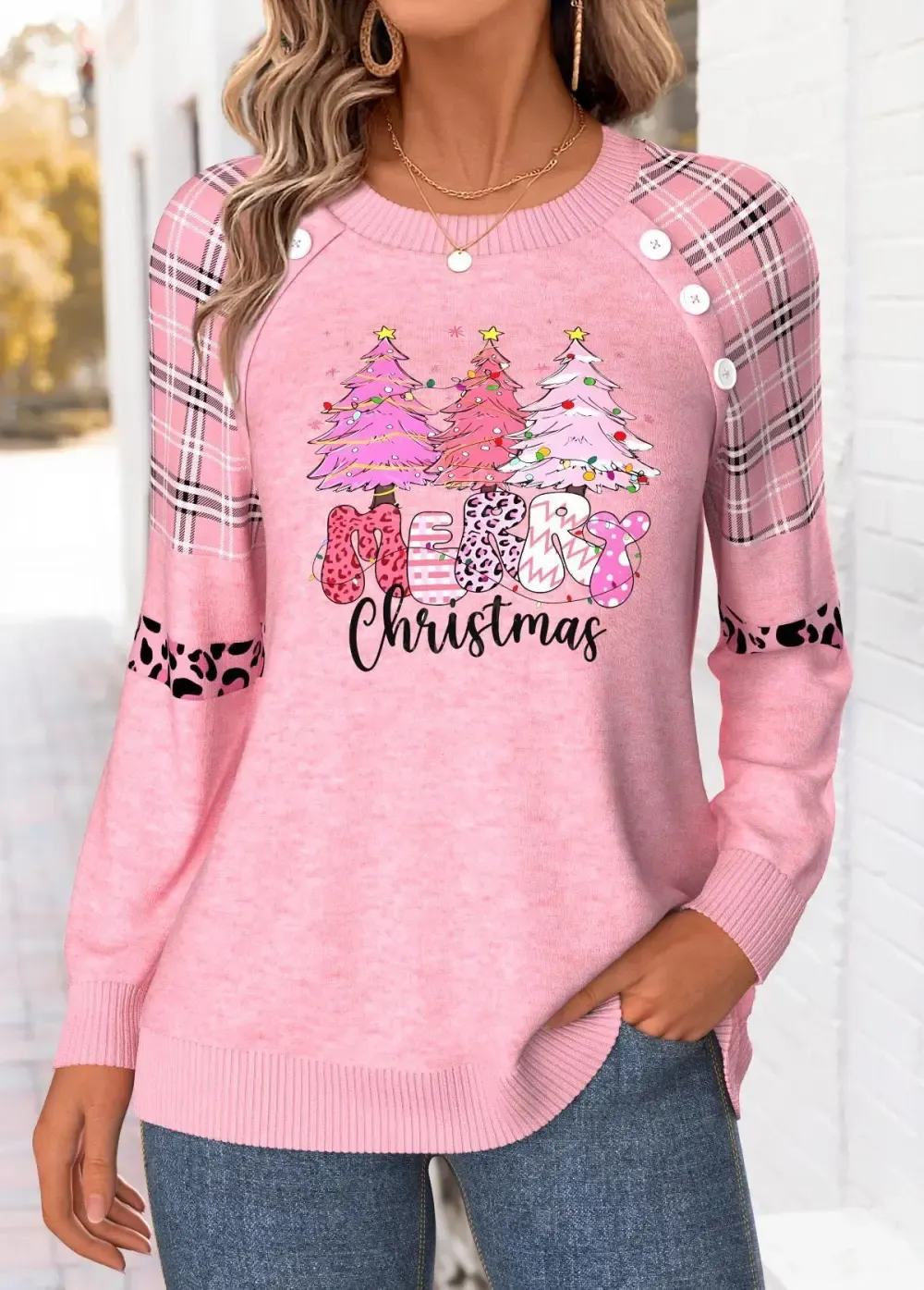 Christmas Light Pink Tummy Coverage Long Sleeve Sweatshirt