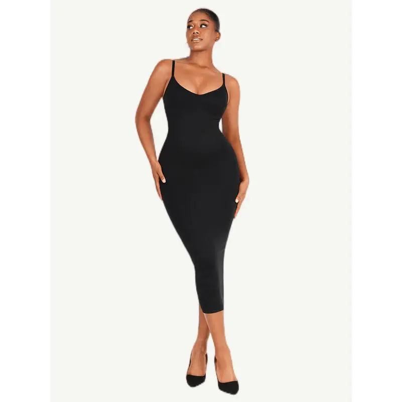 Women’s Seamless V-Neck Maxi Dress with Built-in Shaper-Spaghetti Strap