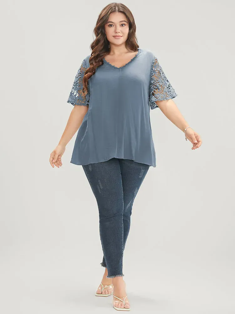 Plain V Neck Floral Patchwork Blouse