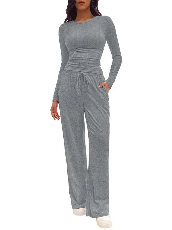 Women's 2-Piece Lounge Set – Solid Ruched Tee & Drawstring Pants, Casual Everyday Sleepwear.