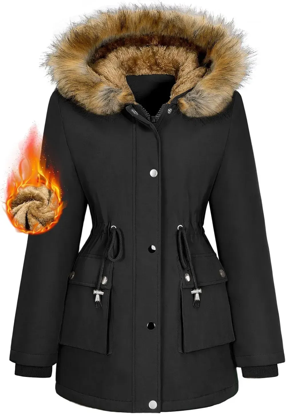 Women Winter Coats Fleece Lined Parka Jackets Hooded Warm Thicken Coat With Pockets and Fur Hood Trendy Overcoat