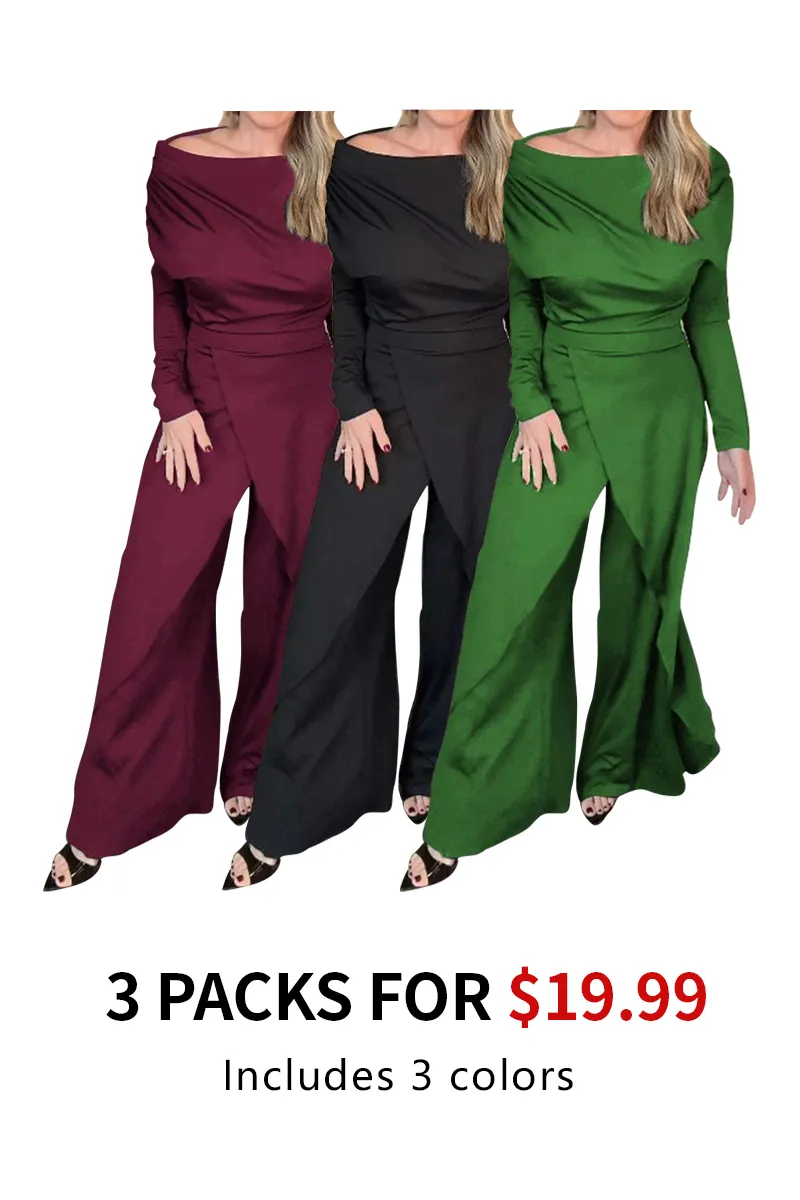 Women's One-shoulder Long-sleeved Split Design Temperament Jumpsuit