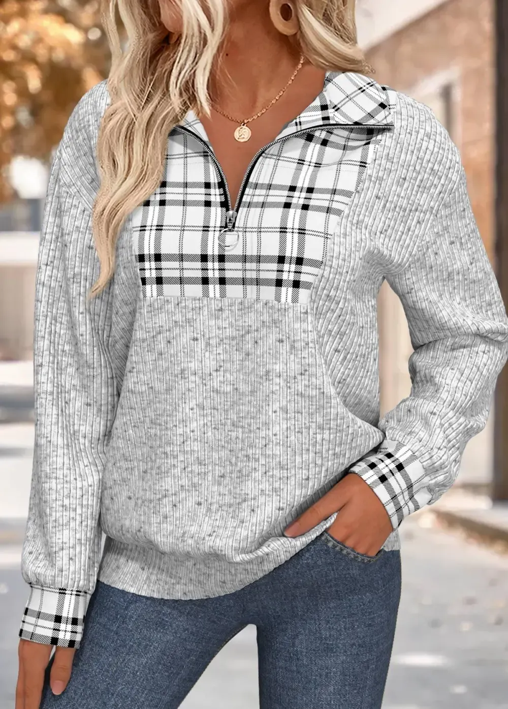 Grey Plaid Long Sleeve Turn Down Collar Sweatshirt