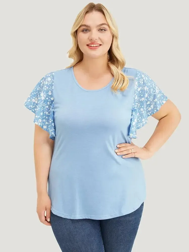 Ditsy Floral Ruffle Sleeve Round Neck T-shirt