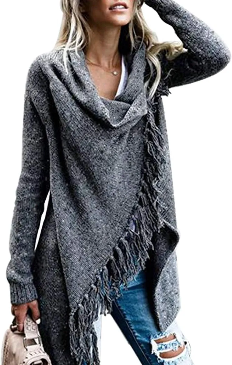 Women's Tassel Hem Sweater Long Cardigan Knitwer Pullover Poncho Coat