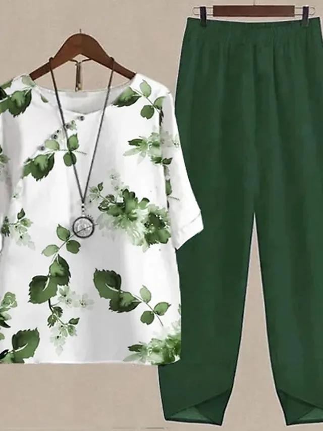 Women's Shirt Pants Sets Floral Holiday Weekend Print Blue Elegant Fashion Daily Round Neck Fall & Winter