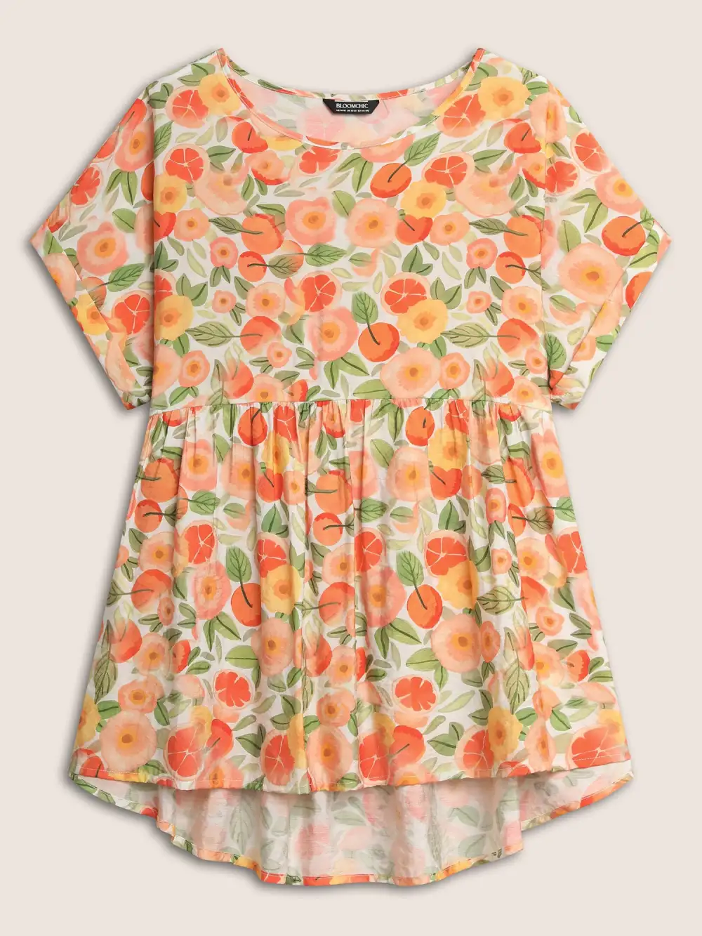 Fruit Print Curved Hem Batwing Sleeve Blouse