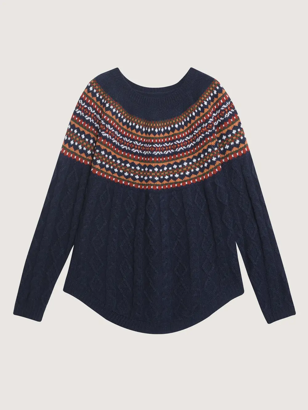 Cable Knit Boho Print Curvy Hem Pullover