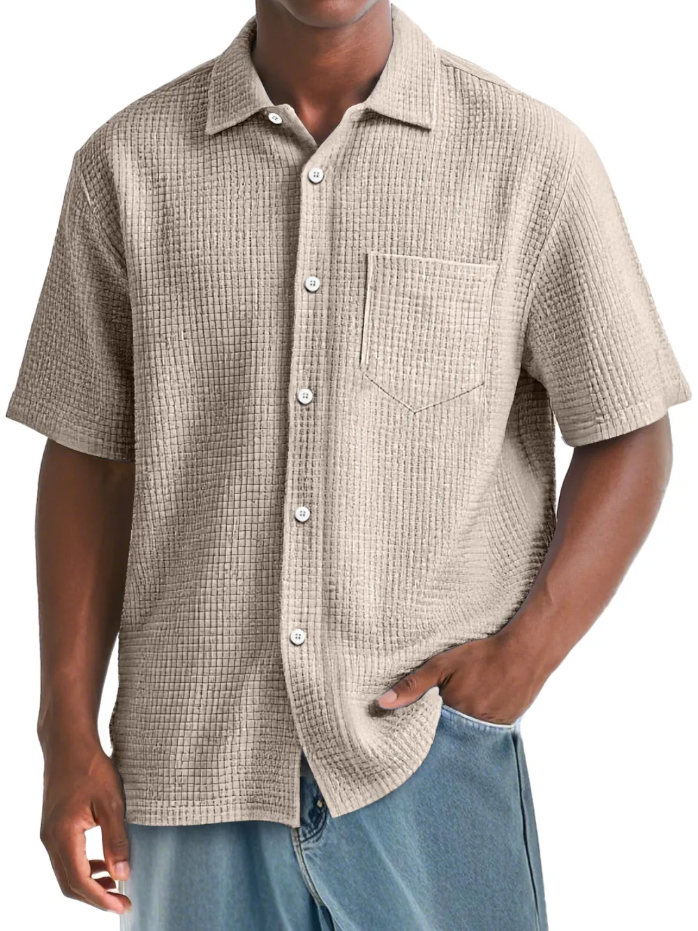Men's Daily Waffle Texture Casual Pocket Comfort Short Sleeve Shirt