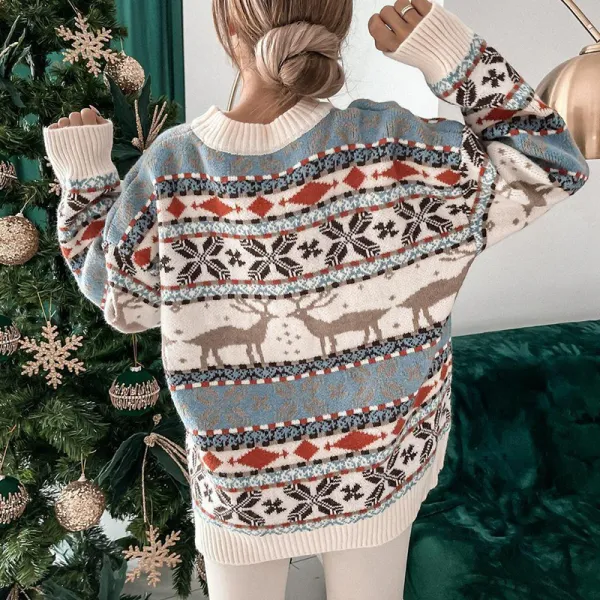 Christmas Snowflake Animal Round Neck Long Sleeve Casual Sweater