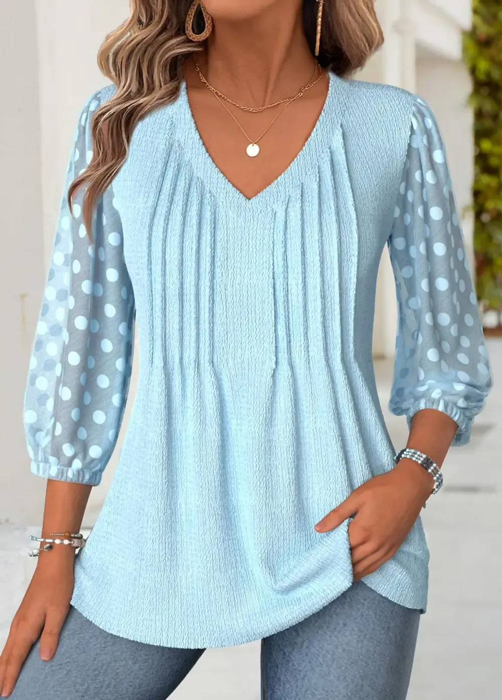Light Blue 3/4 Sleeve V Neck Blouse