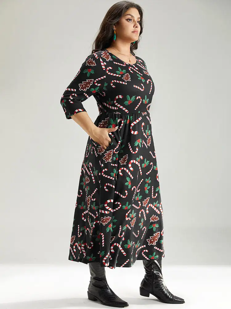 Christmas Print Pocket Elastic Waist Dress