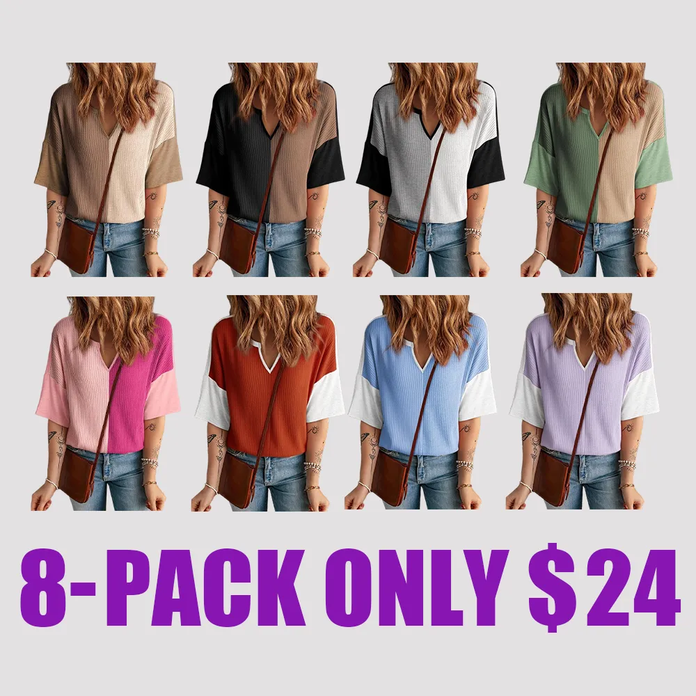 Women's Colorblock Waffle Knit Tops – 2025 Summer Fashion Half Sleeve V-Neck Casual Blouses