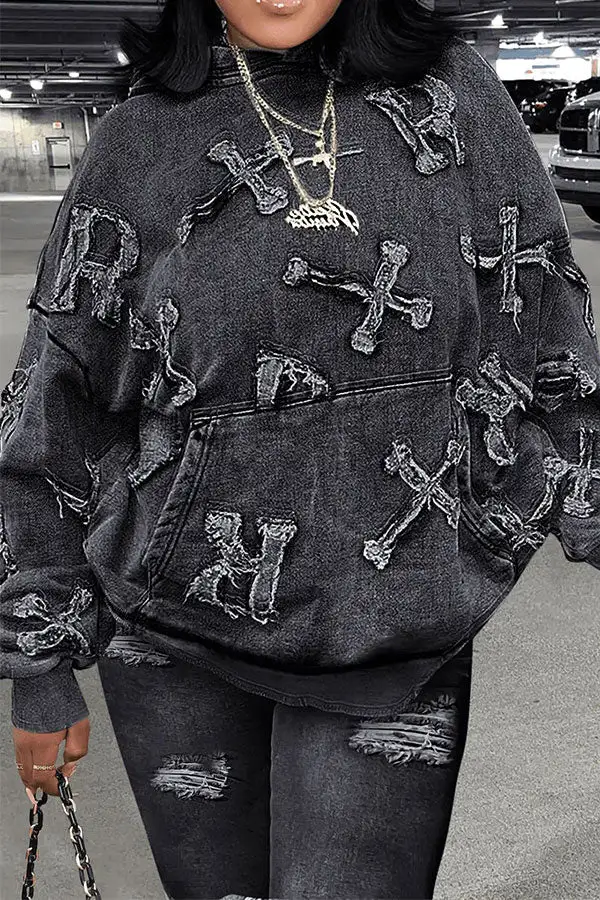 Imitation Denim Print Casual Pocket Hooded Pant Set