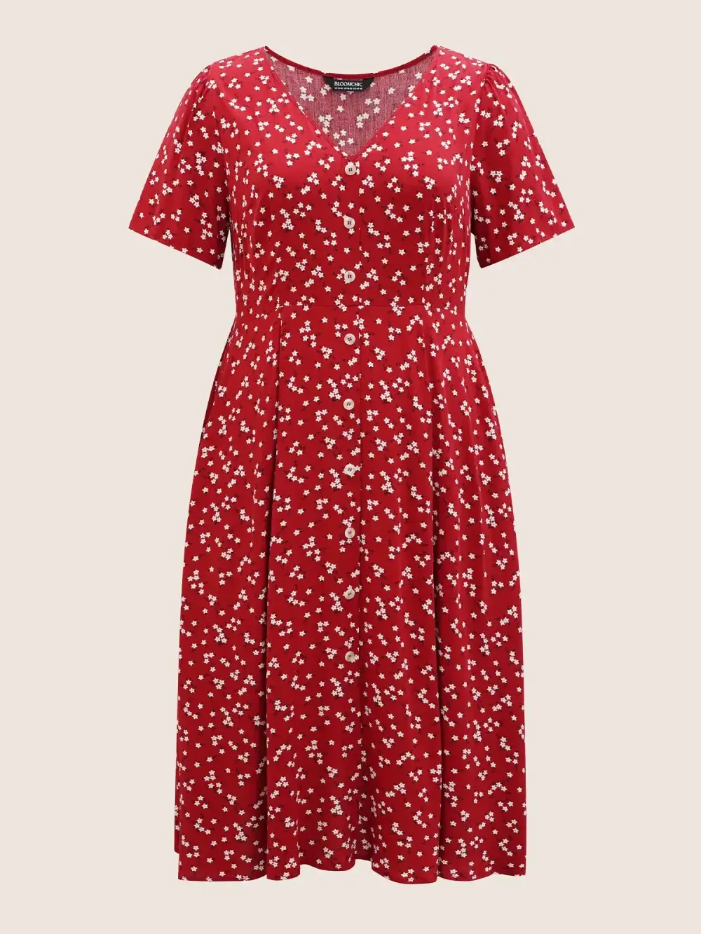 Ditsy Floral Button Detail Elastic Waist Midi Dress
