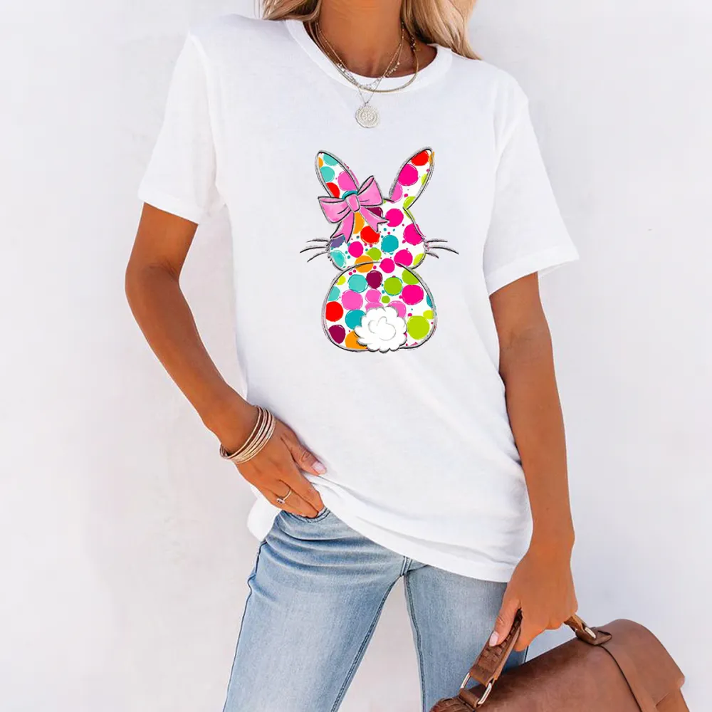 Colorful Easter Bunny Printed Round Neck Short Sleeve T-Shirt
