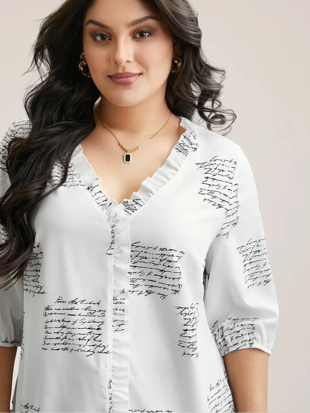 Text Pattern Ruffled Lantern Sleeve Blouse