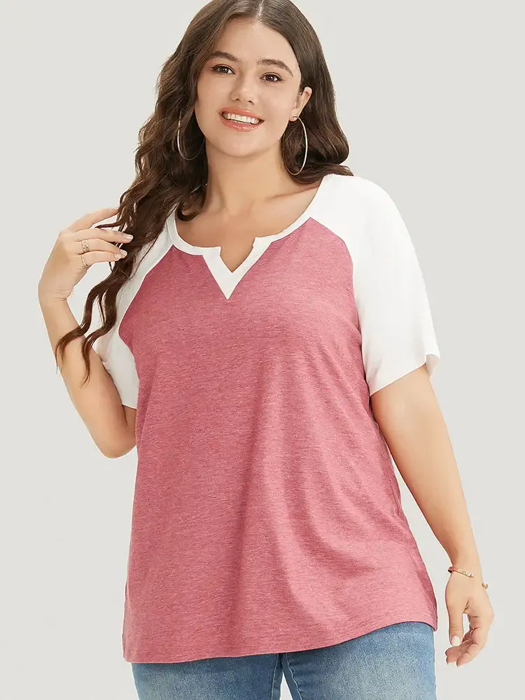 Colorblock Contrast Notched Raglan Sleeve T-shirt