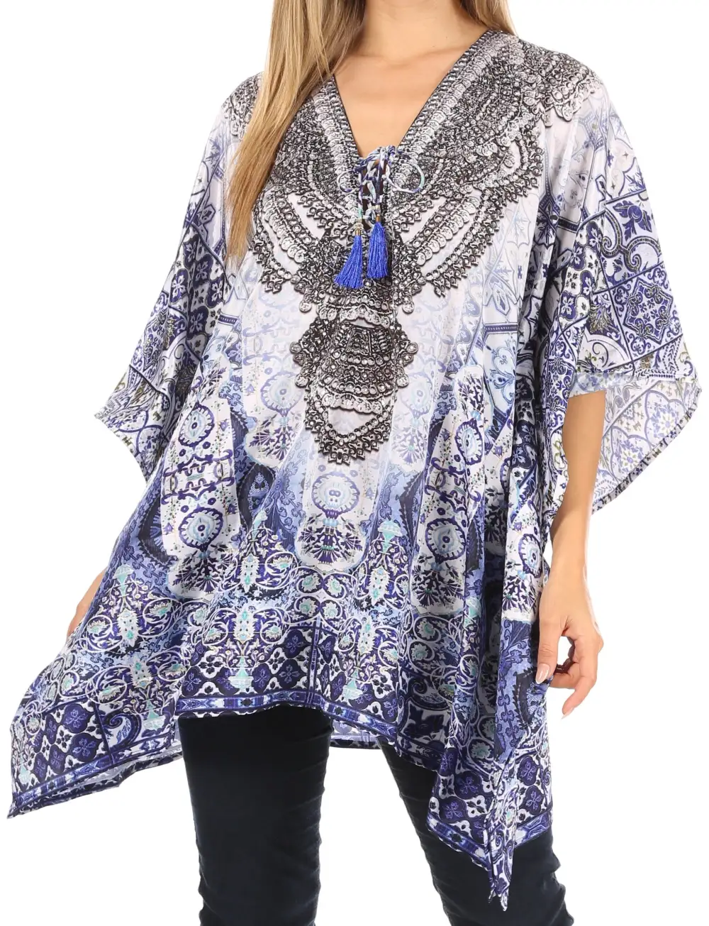Women's Caftan Poncho Cover up V neck Top Lace up With Rhinestone
