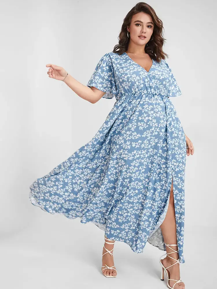Bloom Dress - Flutter Sleeve Ditsy Floral Pocket Split Maxi Dress