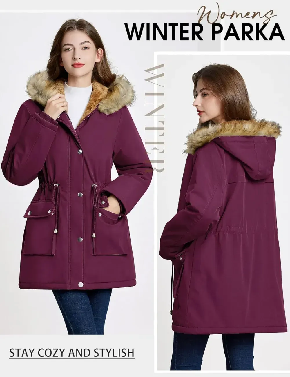 Women Winter Coats Fleece Lined Parka Jackets Hooded Warm Thicken Coat With Pockets and Fur Hood Trendy Overcoat