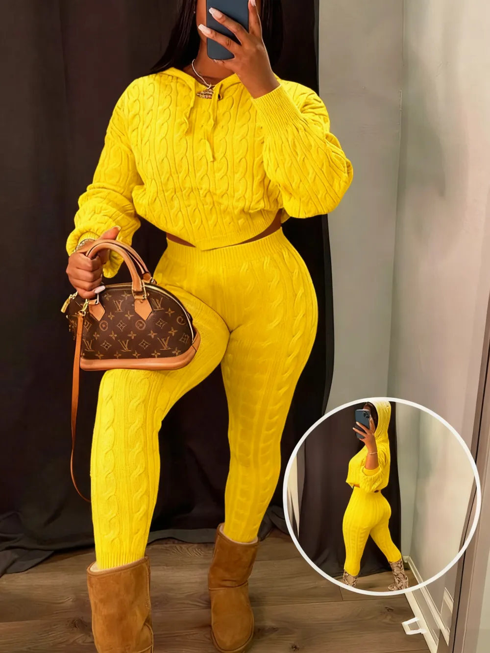 Two-piece Set Women's Solid Drop Shoulder Cable Knit Crop Sweater & High Waist Pants