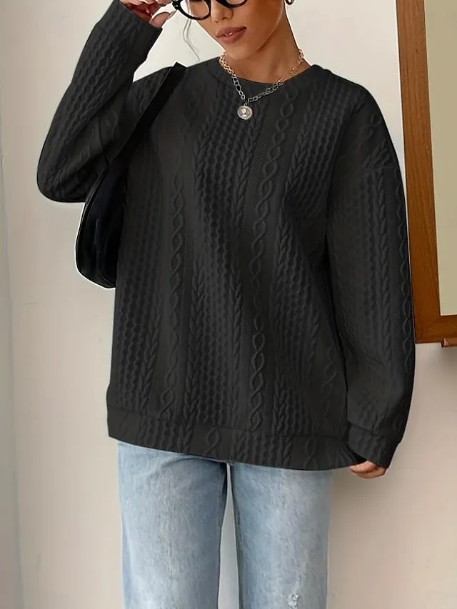 Women's Sweatshirt Plain Work Zipper Black White Pink Elegant Modern Loose Fit Crew Neck Long Sleeve Micro-elastic Spring Fall