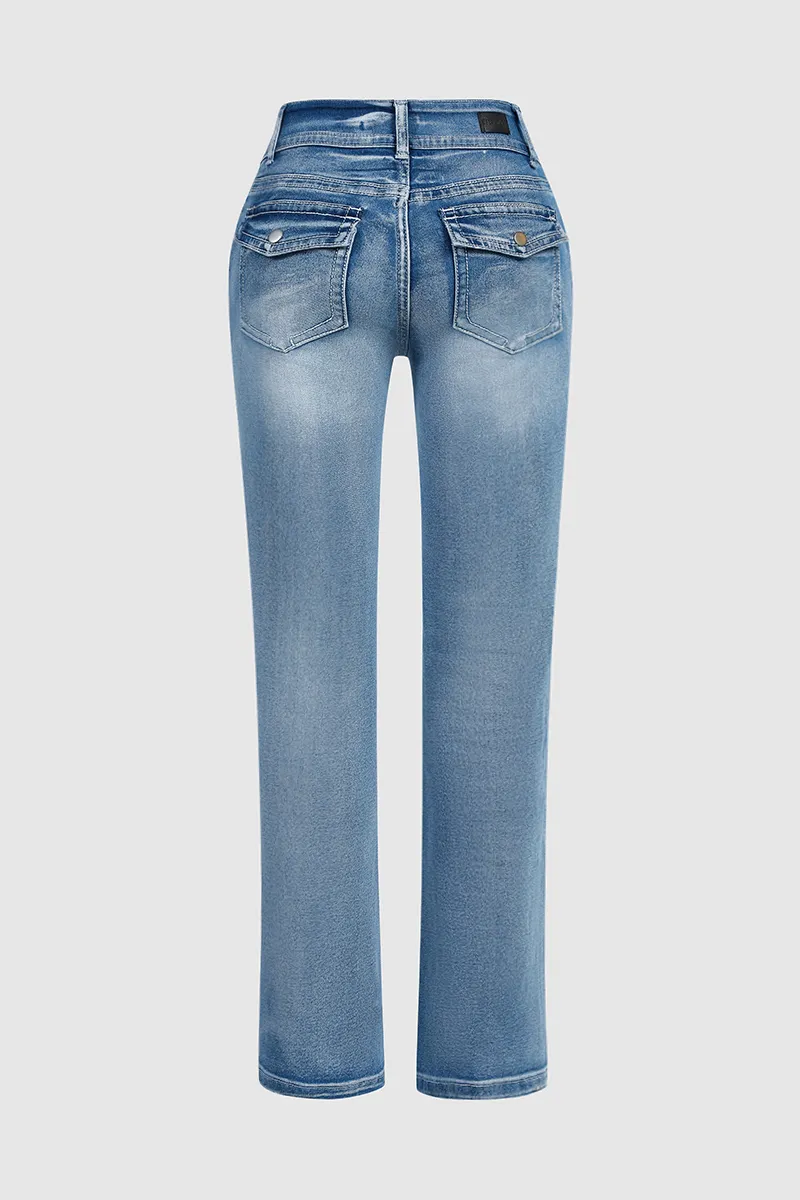 Double Button Flap Pocket Bootcut Jeans