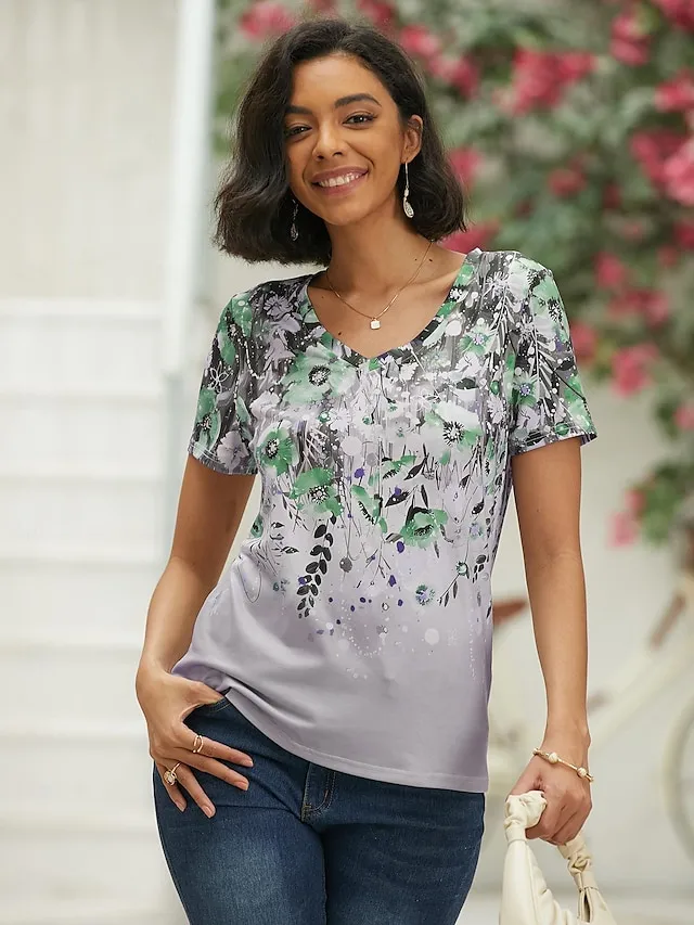 Women's T shirt Tee Floral Holiday Weekend Print Pink Short Sleeve Basic V Neck